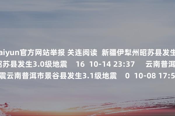 kaiyun官方网站举报 关连阅读  新疆伊犁州昭苏县发生3.0级地震新疆伊犁州昭苏县发生3.0级地震    16  10-14 23:37     云南普洱市景谷县发生3.1级地震云南普洱市景谷县发